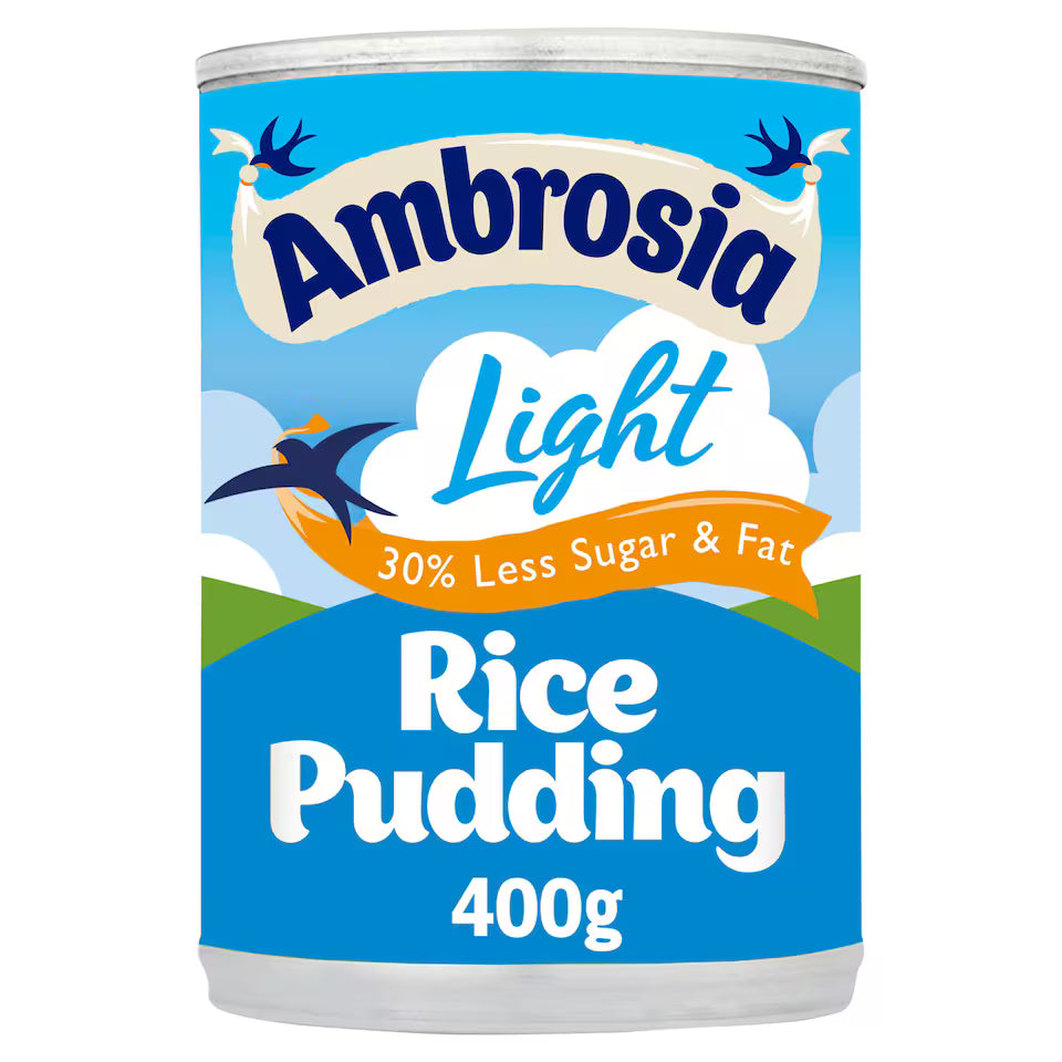 Can of Ambrosia Light Rice Pudding with blue label and white lid.