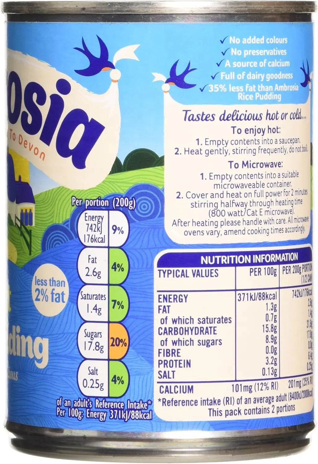 Can of Posia Rice Pudding with nutritional information on a blue background