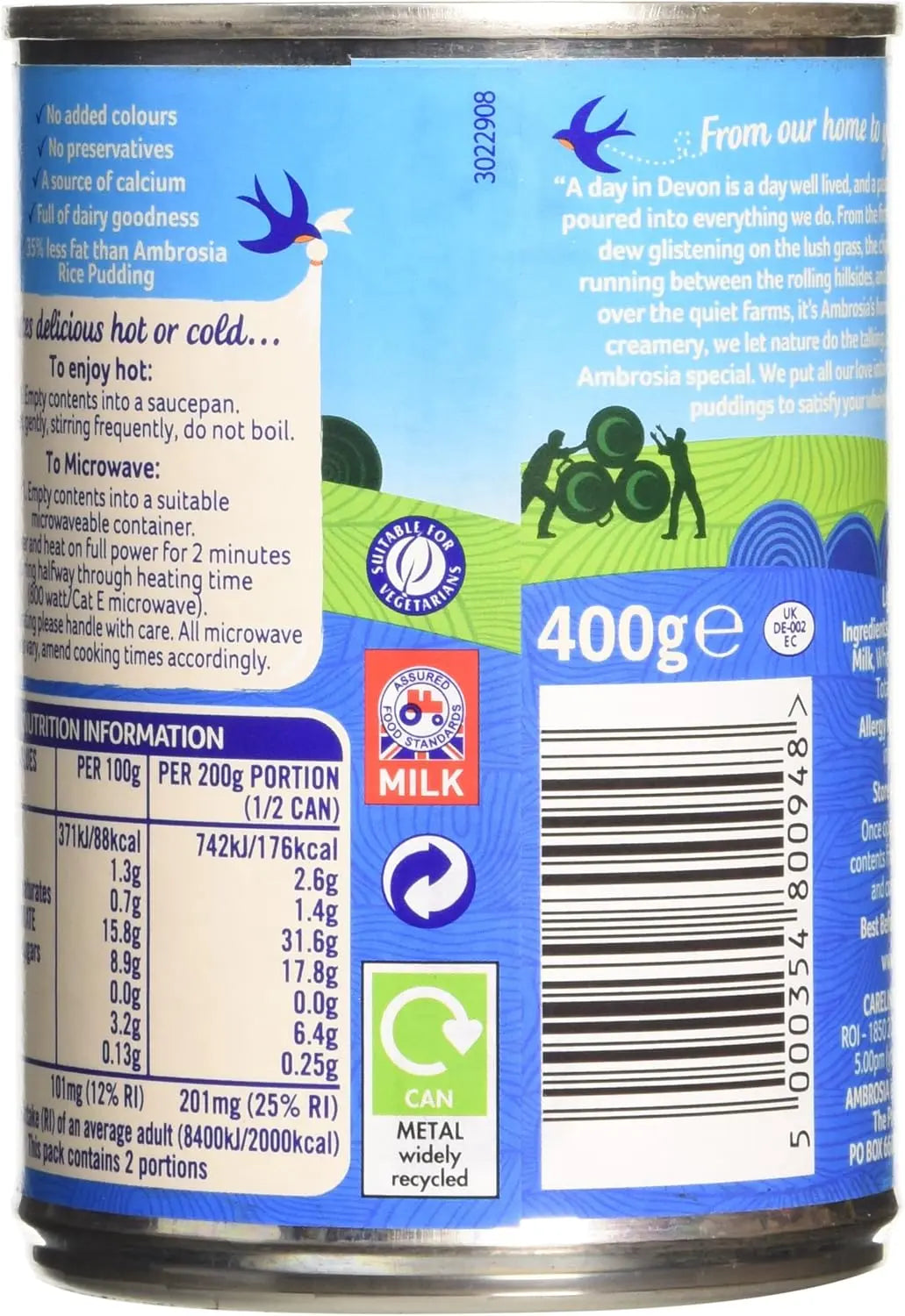 Can of Ambrosia milk with blue label and nutritional information