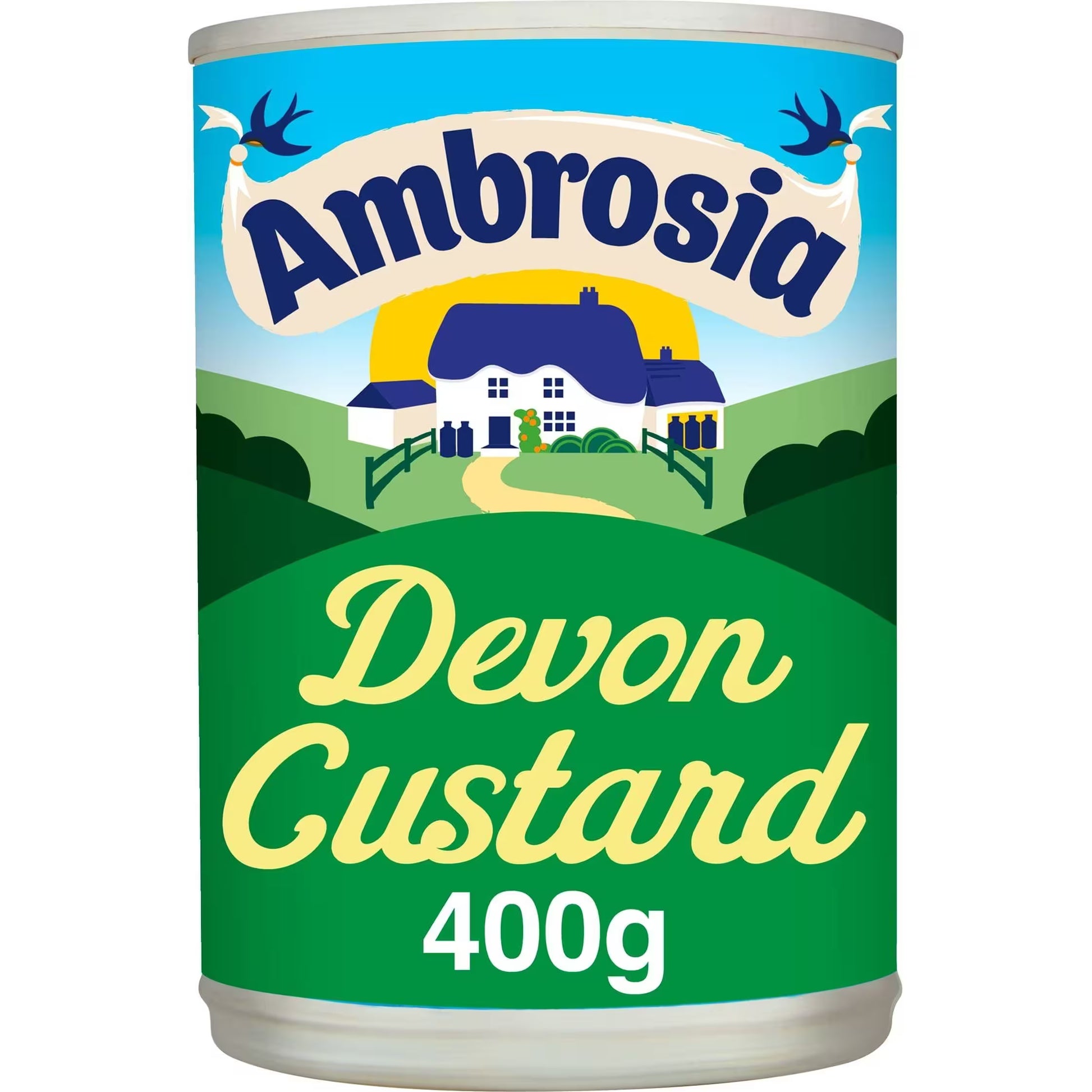 Can of Ambrosia Devon Custard with a scenic label on a white background