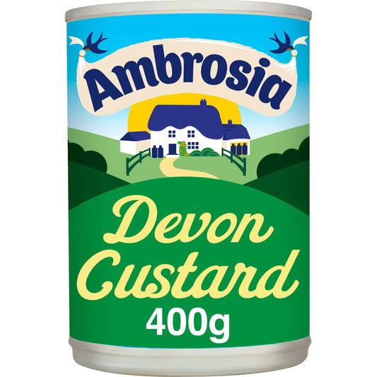 Can of Ambrosia Devon Custard with a scenic label on a white background