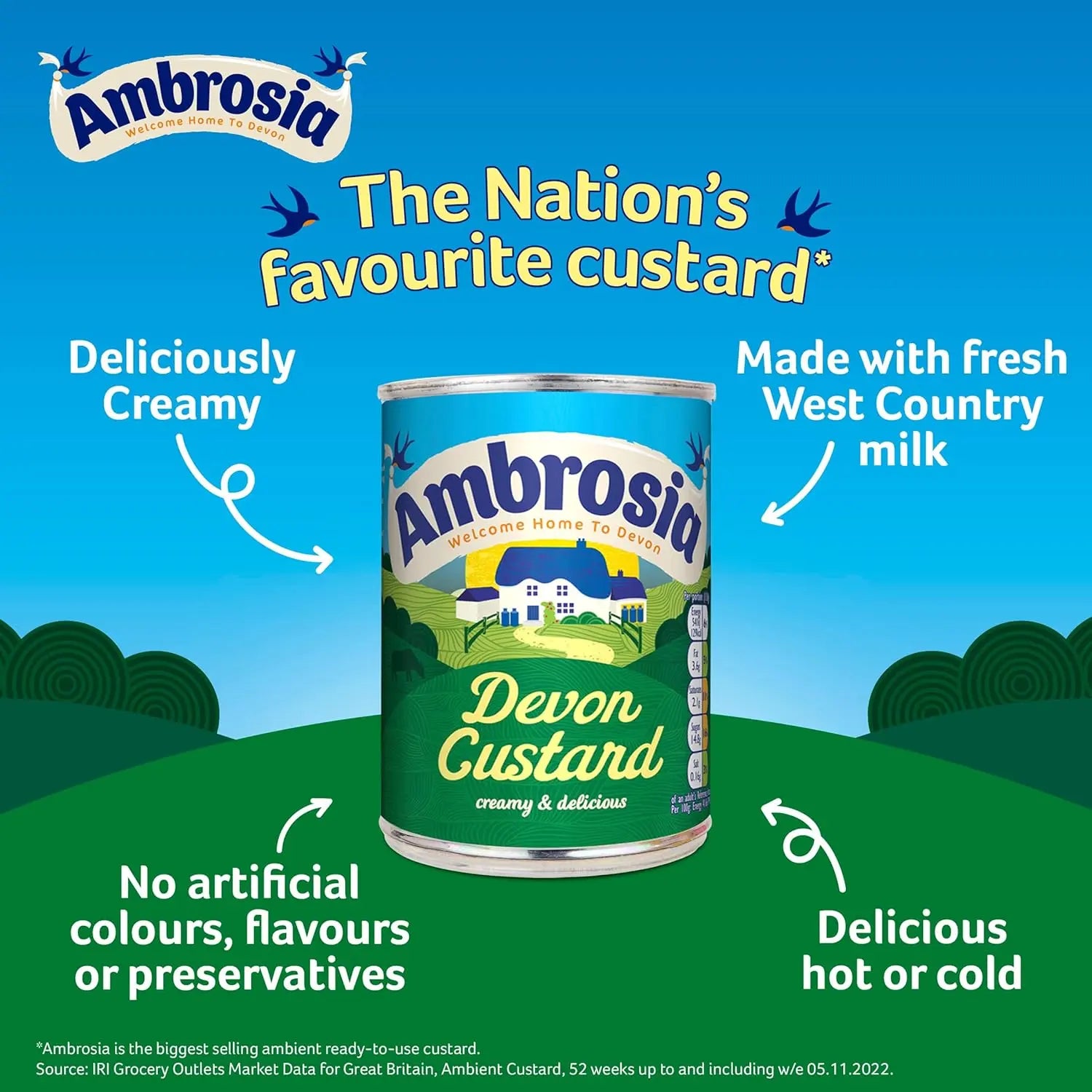 Ambrosia Devon Custard can with blue background and green field
