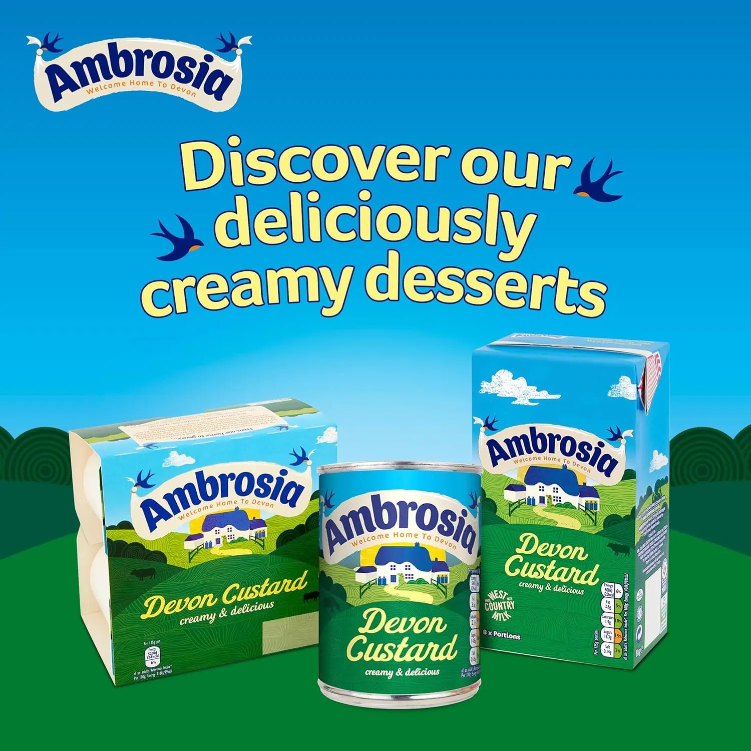 Ambrosia Devon Custard packaging on a blue and green background with text 'Discover our deliciously creamy desserts'.