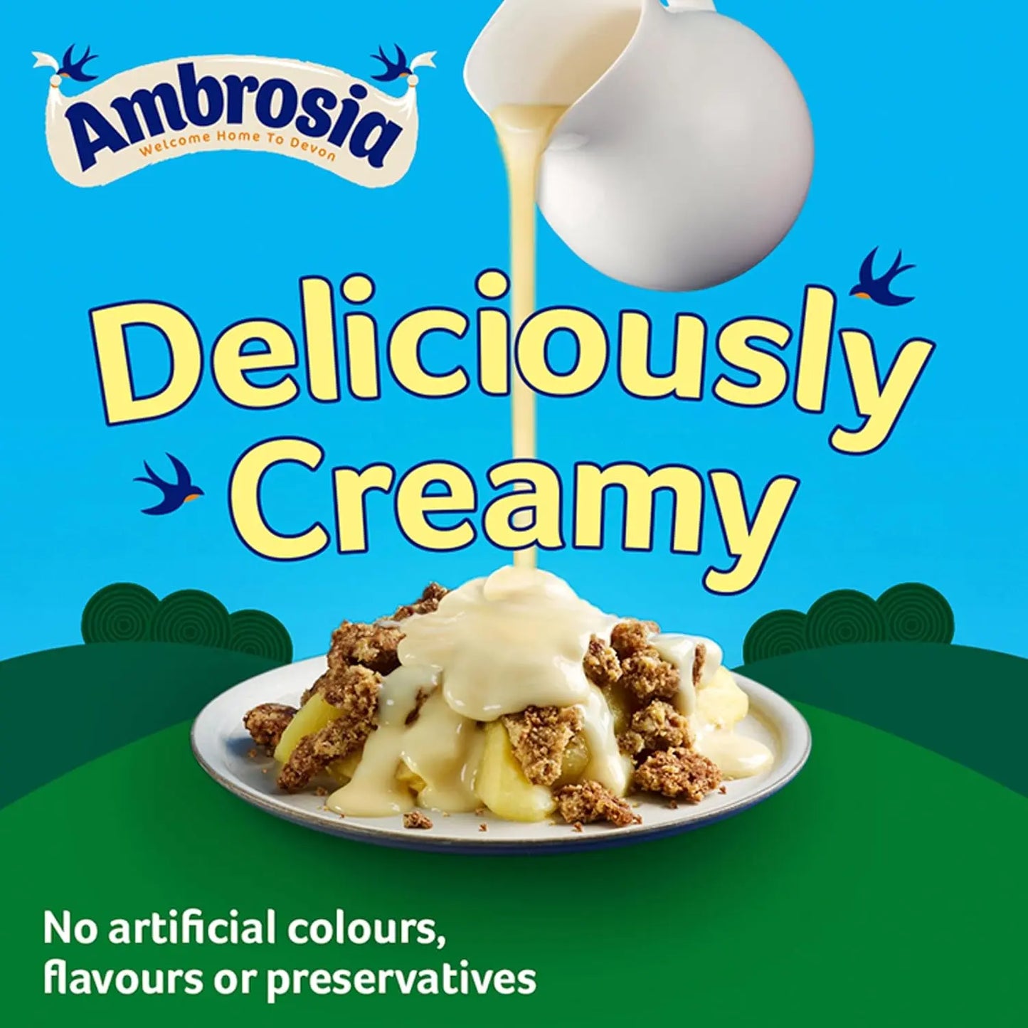 Ambrosia ice cream dessert with text on a blue background