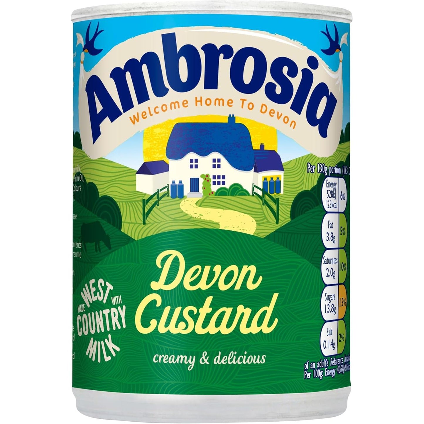 Can of Ambrosia Devon Custard with a scenic label on a white background