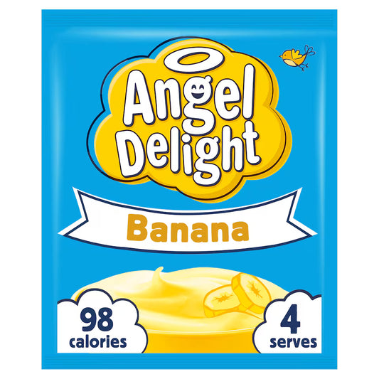 Angel Delight Banana flavor package with blue background