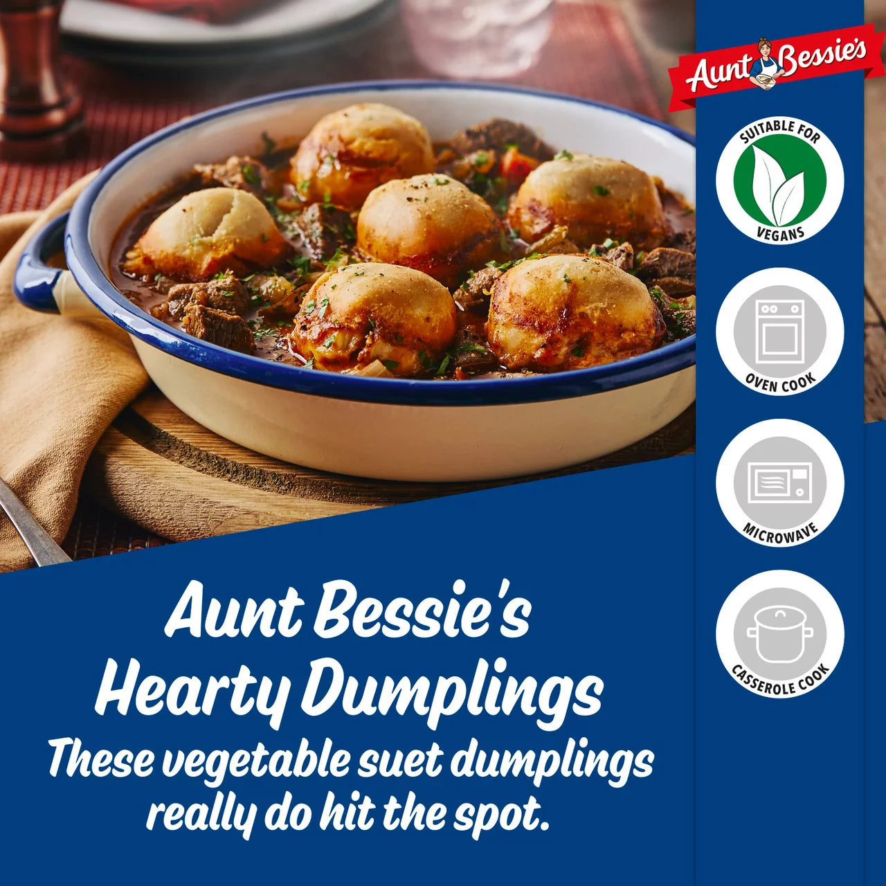 Aunt Bessie's Hearty Dumplings dish with branding and cooking instructions on a blue background