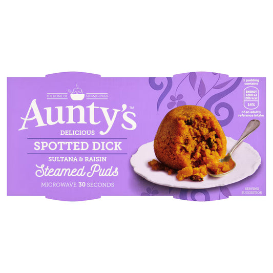 Auntys Spotted Dick packaging with a purple background