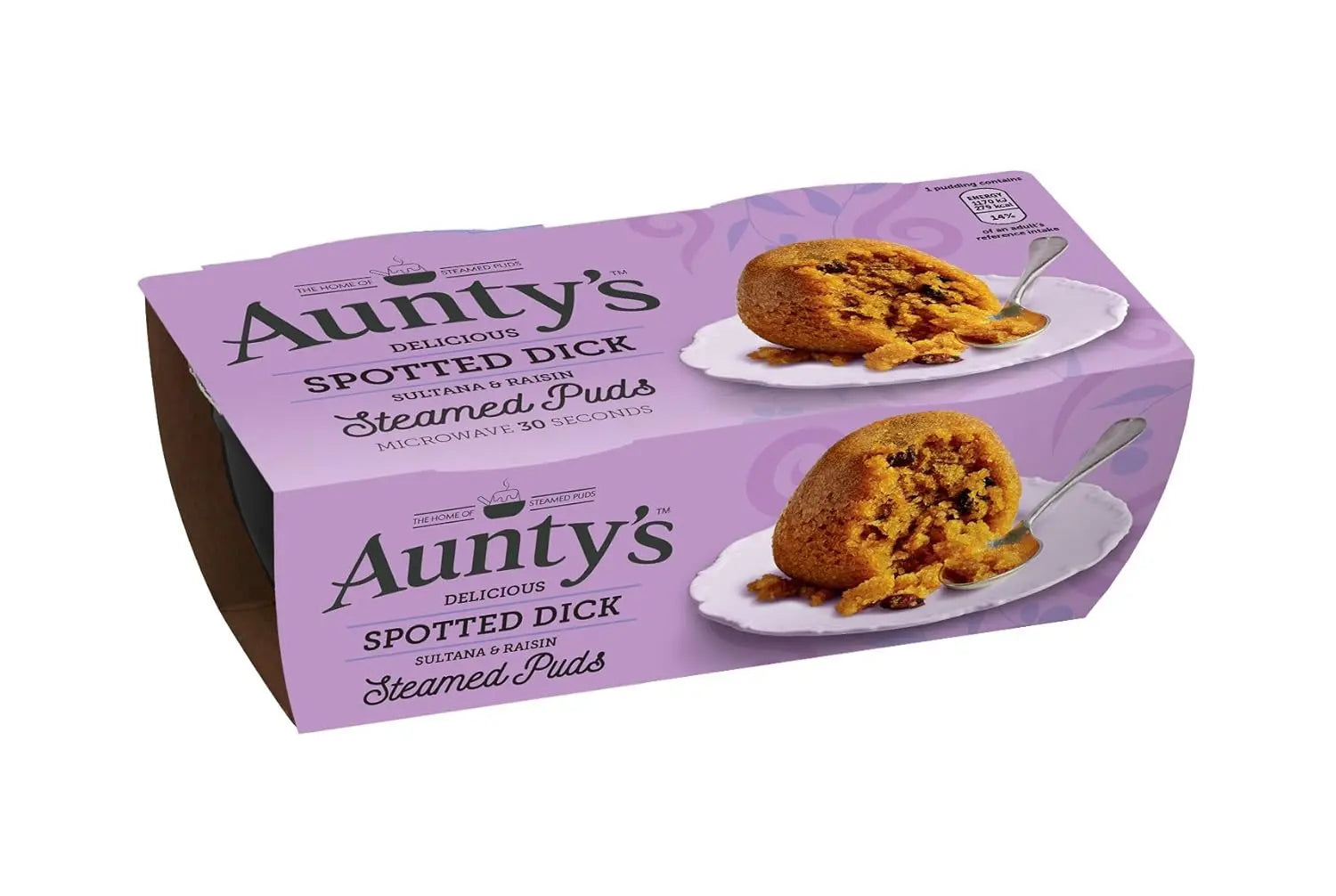 Box of Aunty's Spotted Dick steamed puddings with purple packaging.