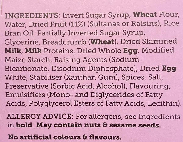 Ingredients list on a pink background with allergen advice.