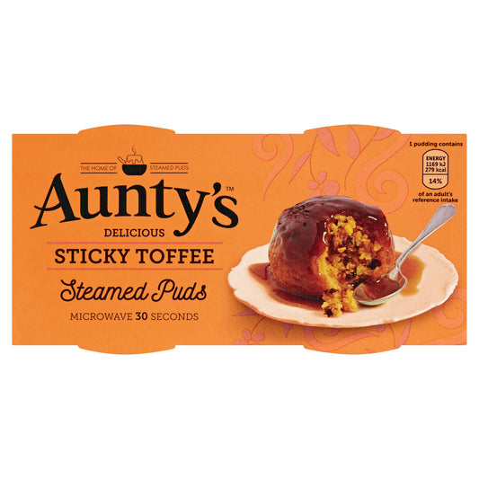 Aunty's Sticky Toffee Steamed Puds packaging with a steamed pudding on a plate.