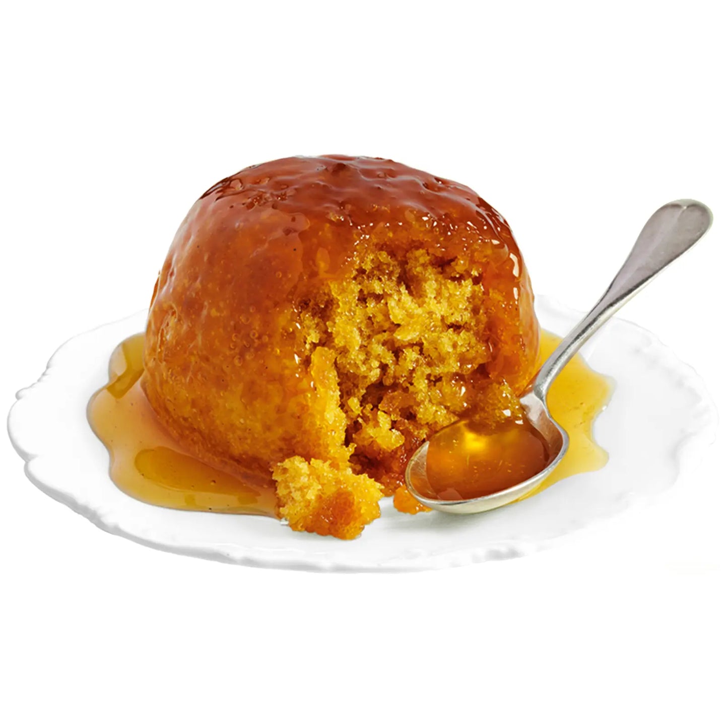 Caramelized dessert with a spoon on a white plate