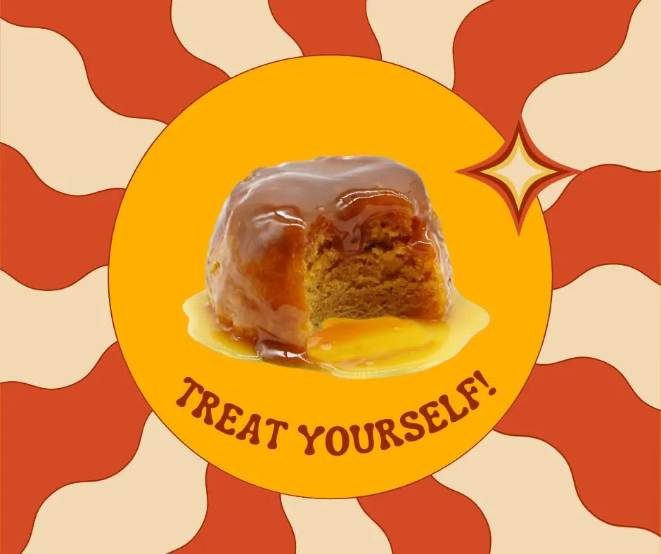Caramel roll with a bite taken out on a yellow circle with 'Treat Yourself!' text against a red and beige patterned background.