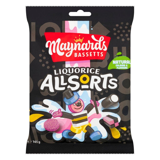 Maynards Bassetts Liquorice Allsorts packaging with cartoon character on a black background