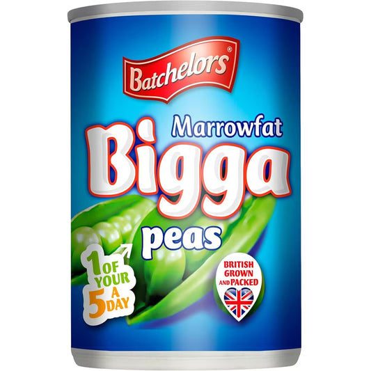 Can of Batchelors Marrowfat Bigga peas with blue label and green peas.