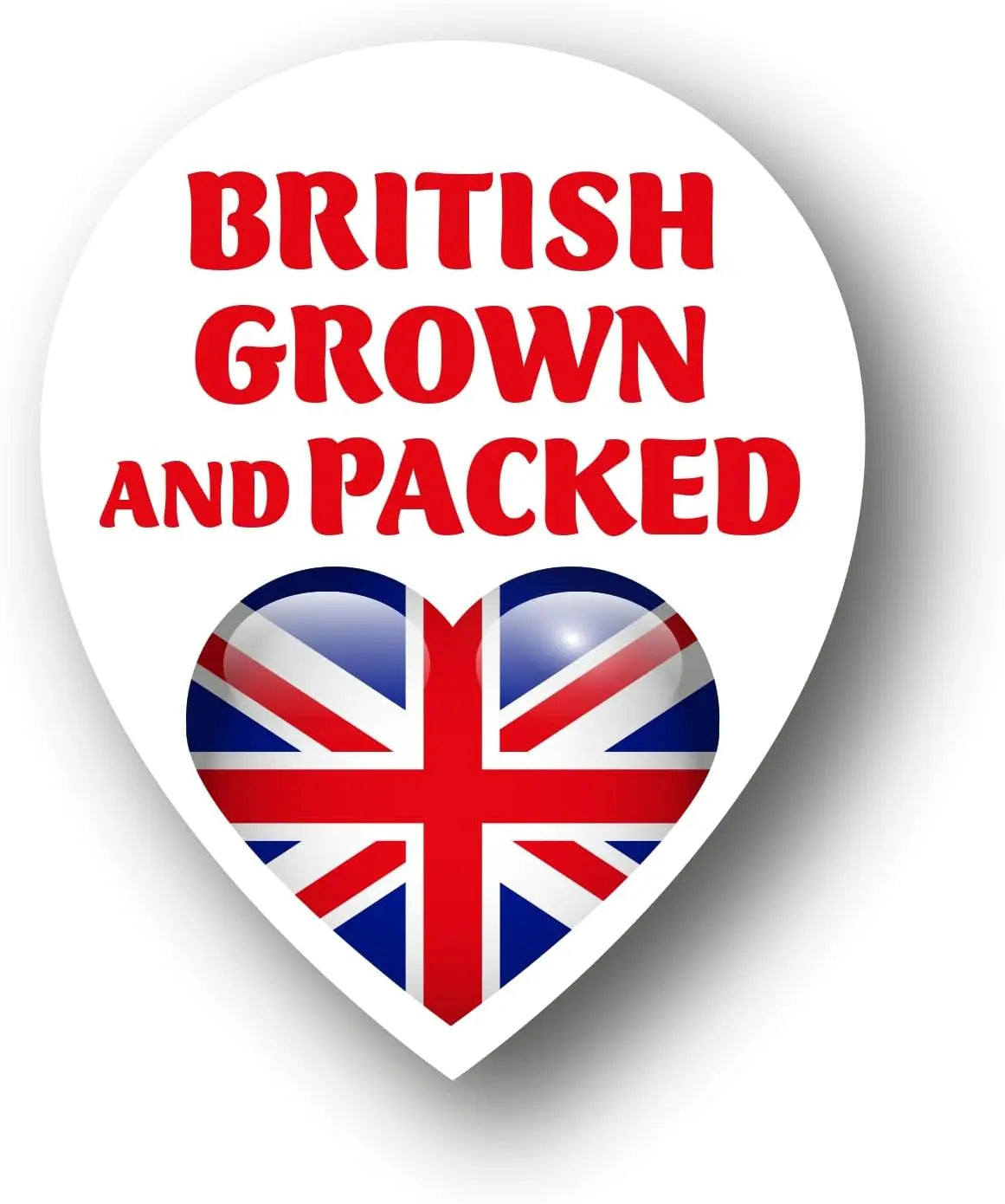 Heart-shaped sticker with 'British Grown and Packed' text and Union Jack design on a white background