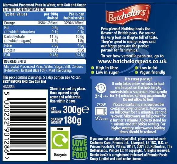 Back of a Bachelors Peas can with nutritional information, ingredients, and recycling label.