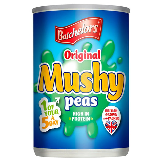 Can of Batchelors Original Mushy Peas on a white background