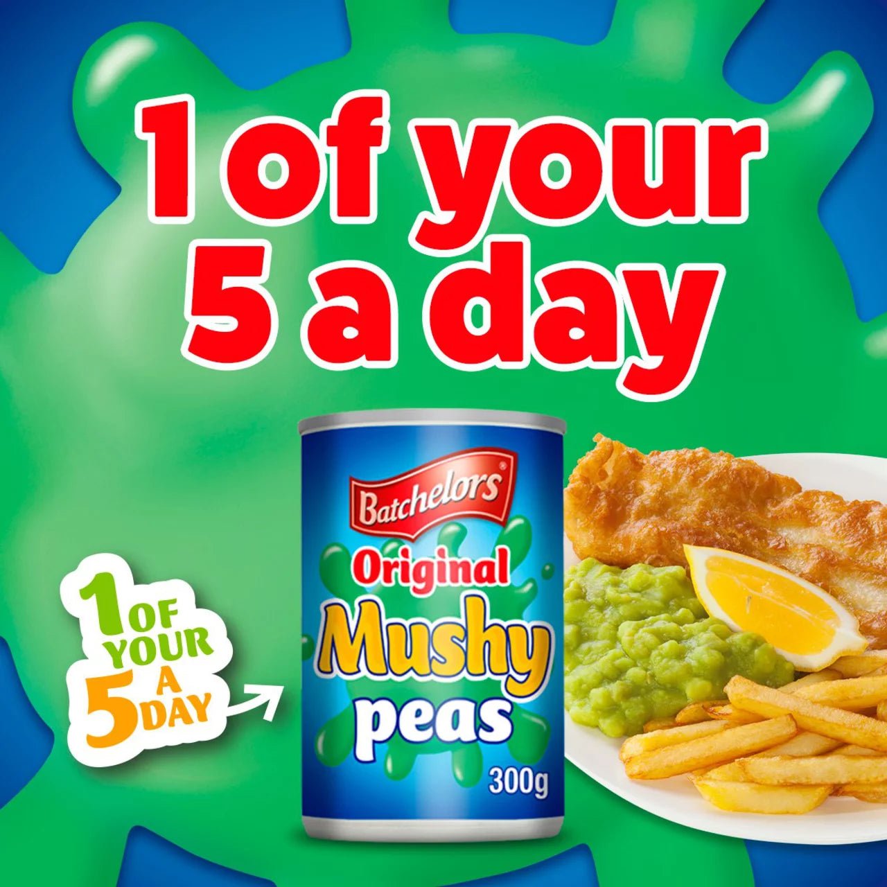 Can of Batchelors Mushy Peas with a plate of fish and chips on a green background with text '1 of your 5 a day'.