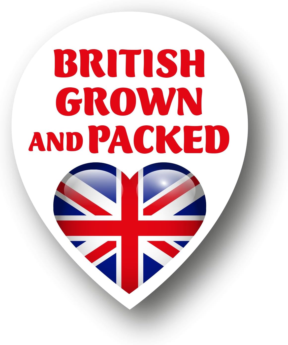 Heart-shaped sticker with 'British Grown and Packed' text and Union Jack design on a white background