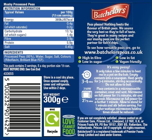 Label of Bachelors mushy peas with nutritional information, ingredients, and storage instructions.
