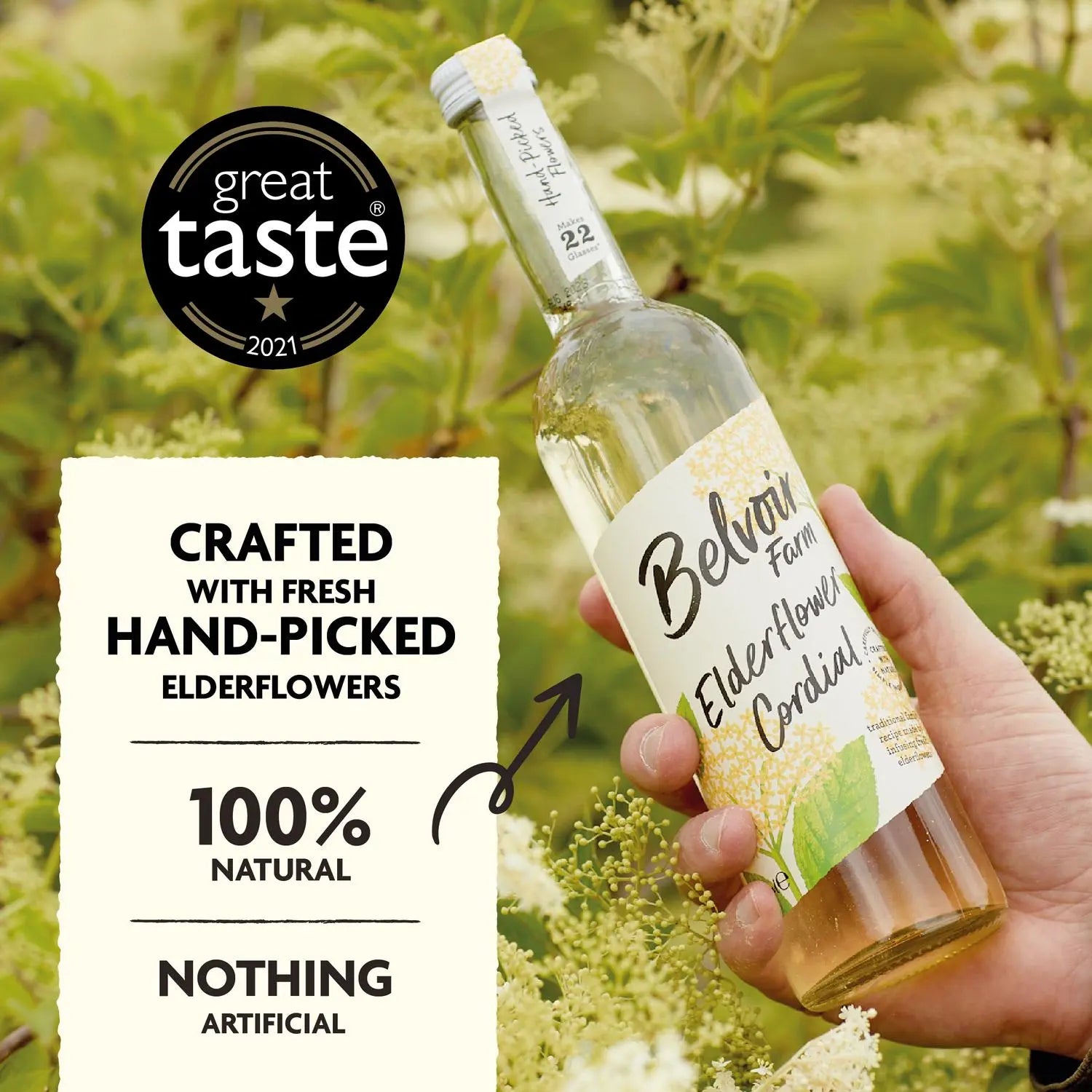 Bottle of Belvoir Farm Elderflower Cordial held by a hand with greenery in the background, featuring the Great Taste 2021 award.