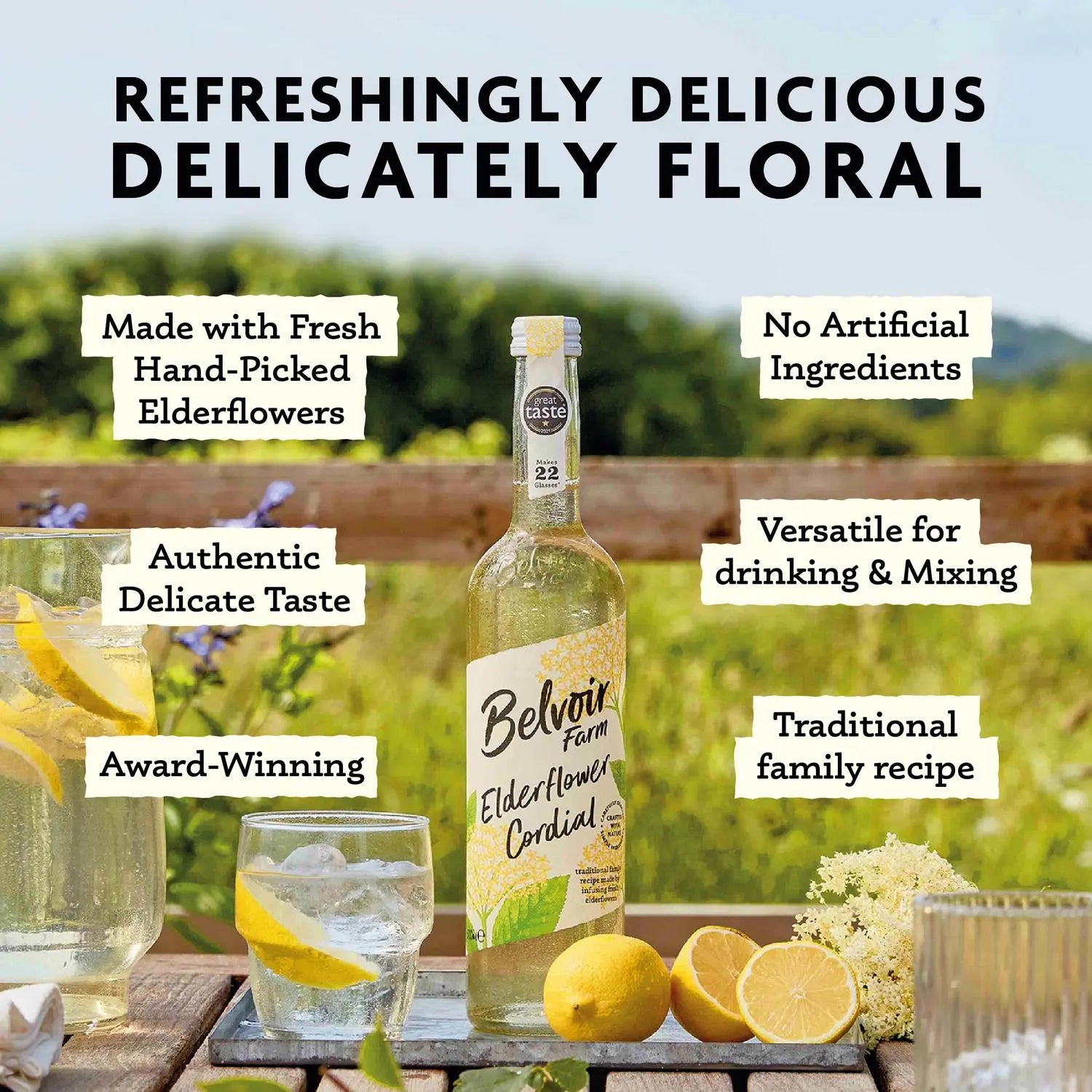 Belvoir Farm Elderflower Cordial bottle with lemon slices and glasses outdoors, featuring product details.