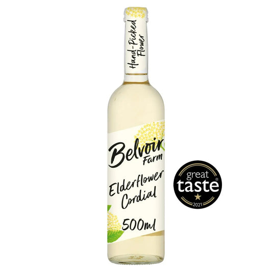 Bottle of Belvoir Farm Elderflower Cordial with a 'Great Taste' award on a white background, now at Buy British PH.