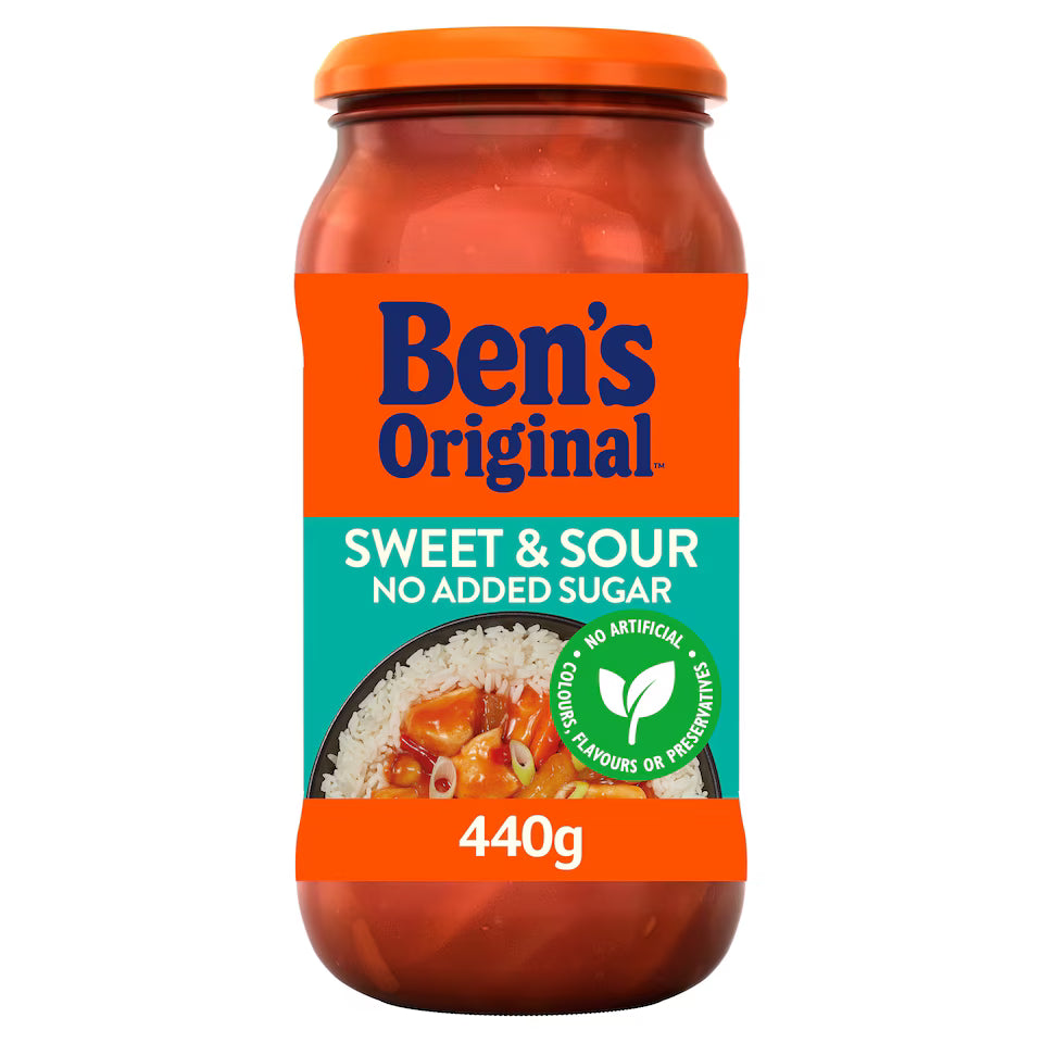 Jar of Ben's Original Sweet & Sour sauce with an orange lid on a white background