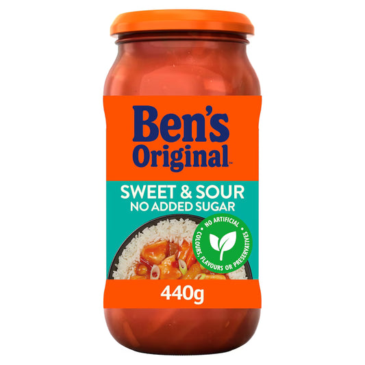 Jar of Ben's Original Sweet & Sour sauce with an orange lid on a white background