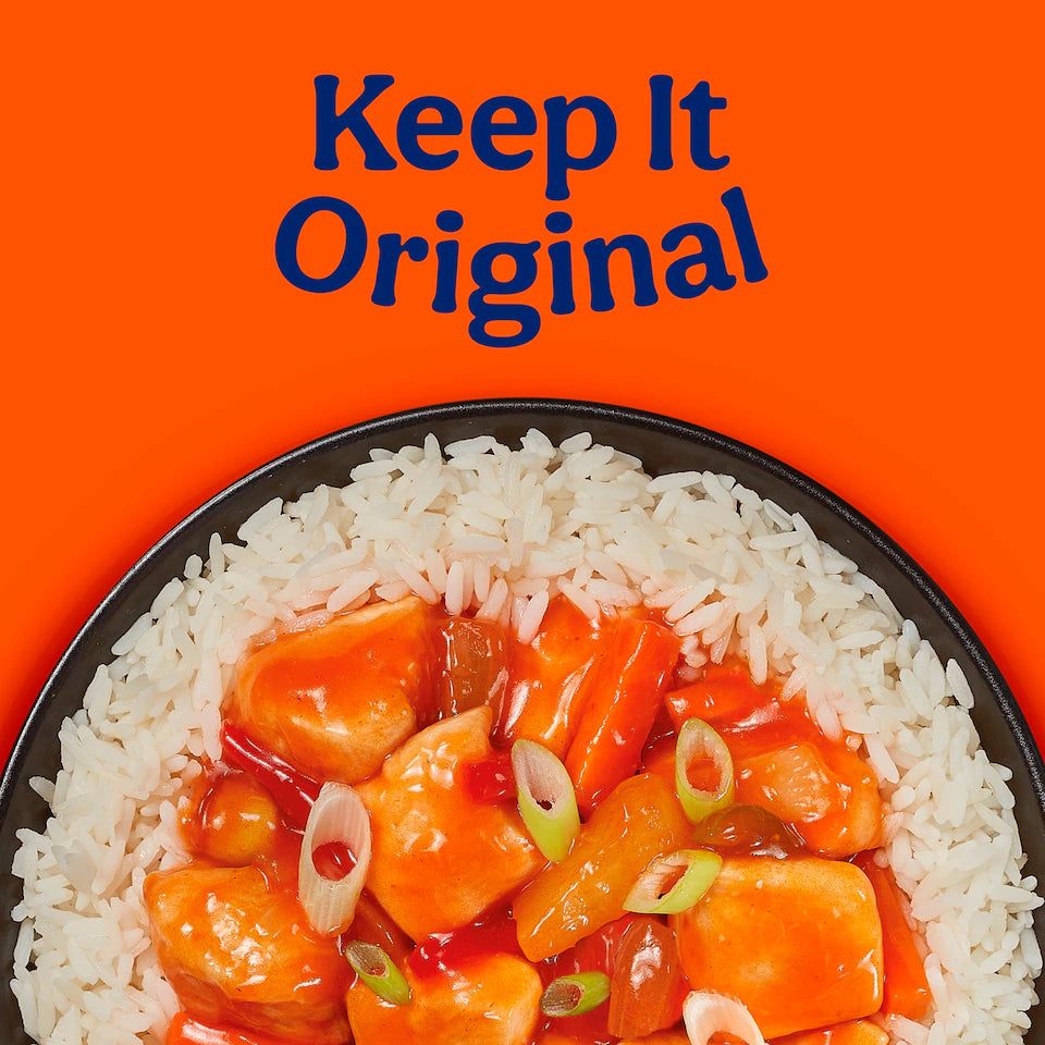Plate of orange chicken over rice with 'Keep It Original' text on an orange background
