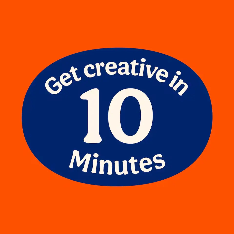 Blue oval with 'Get creative in 10 Minutes' text on an orange background