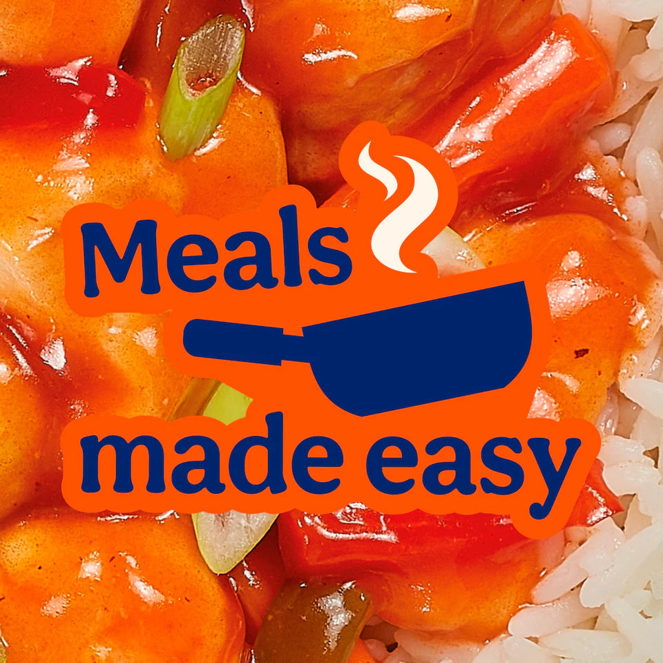 Orange dish with a 'Meals made easy' logo on top