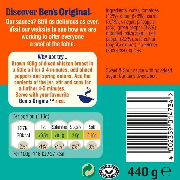 Ben's Original sauce packaging with text, ingredients list, nutritional information, and barcode.