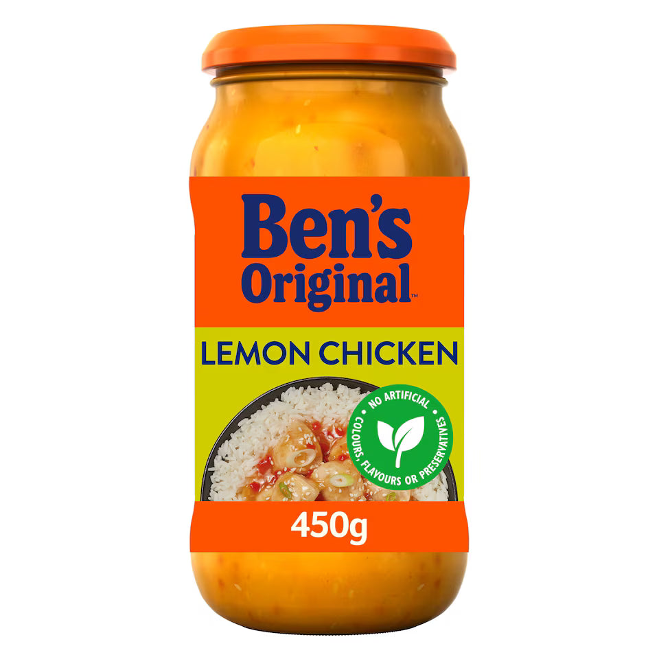 Jar of Ben's Original Lemon Chicken with an orange lid on a white background