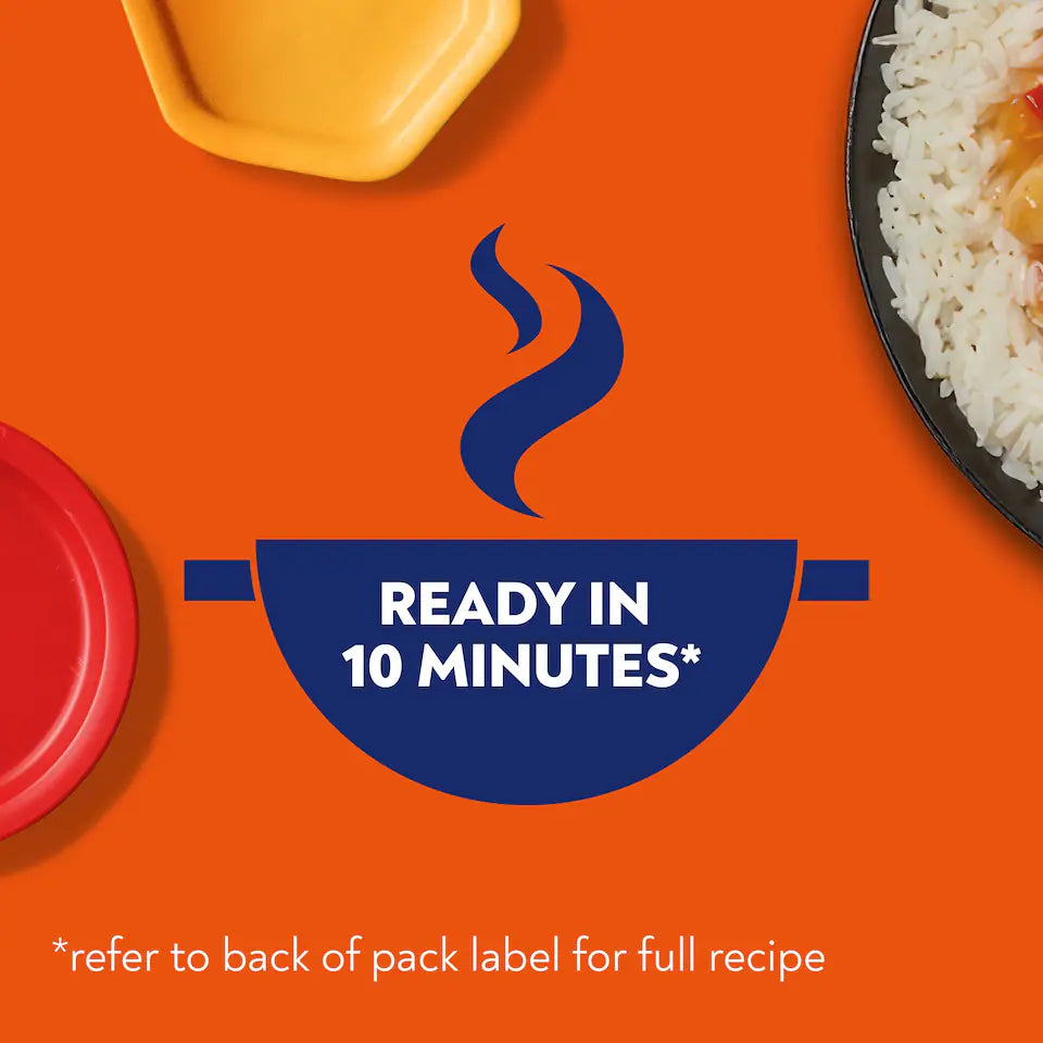 Promotional graphic for a quick meal with a blue bowl icon and text on an orange background.