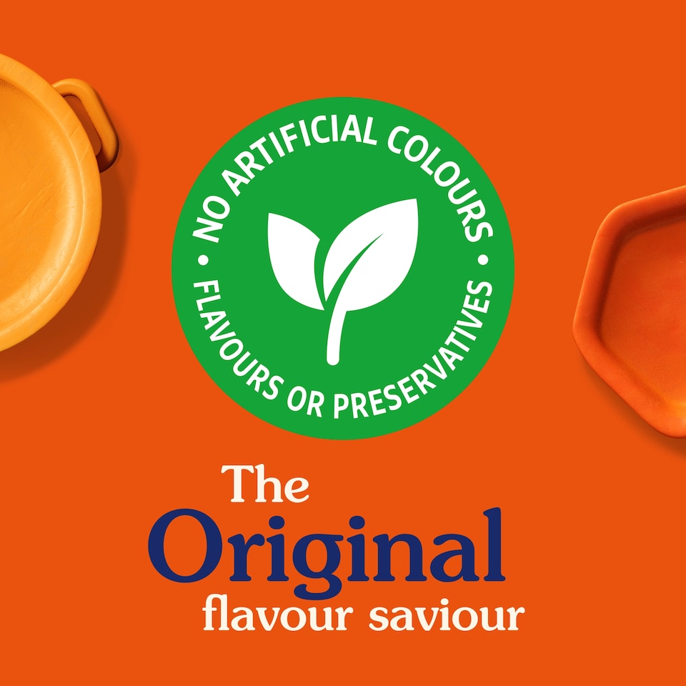 Orange background with a green logo and text about artificial colors, flavors, and preservatives.