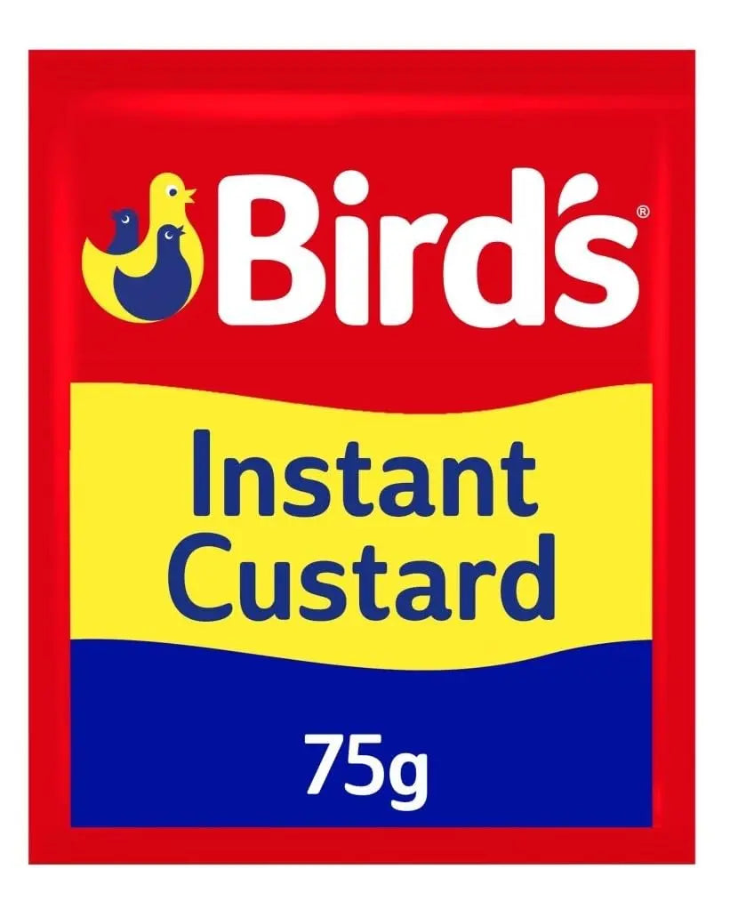 Bird's Instant Custard packet with red, yellow, and blue colors on a white background