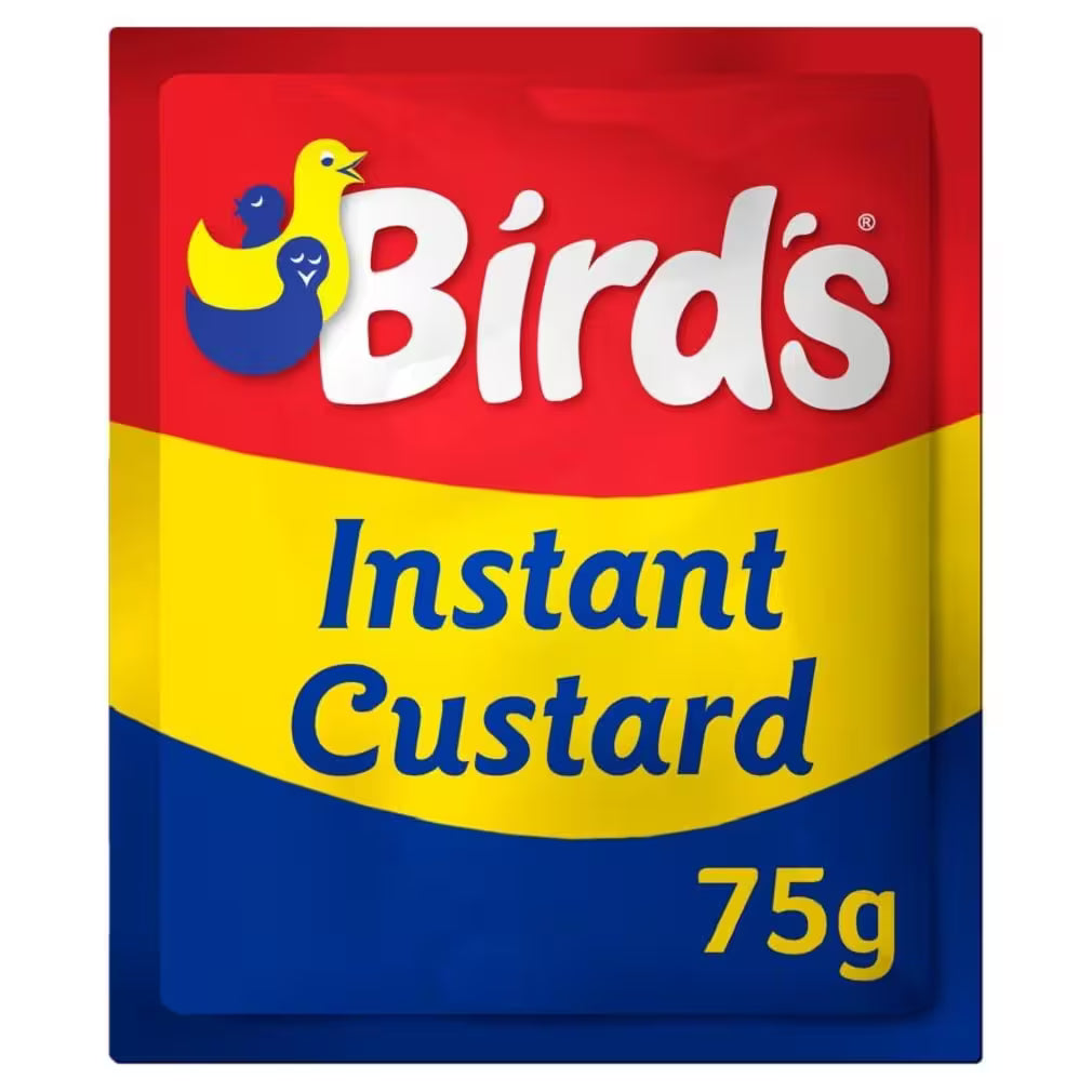 Bird's Instant Custard package with red, yellow, and blue colors on a white background