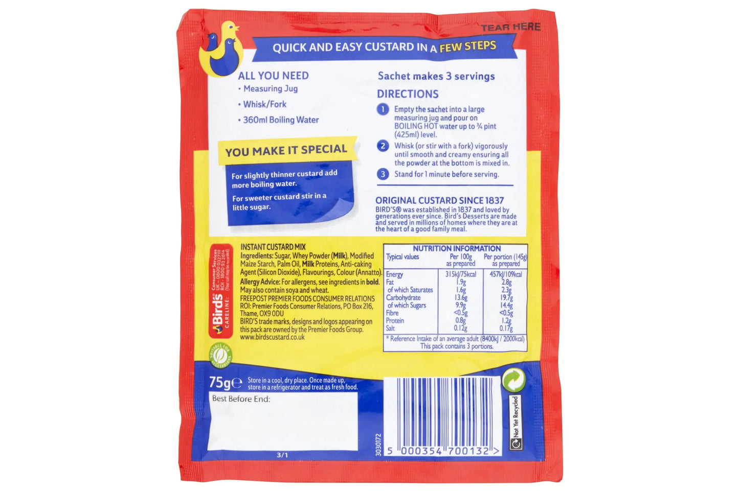 Red packet with yellow and blue text on a white background