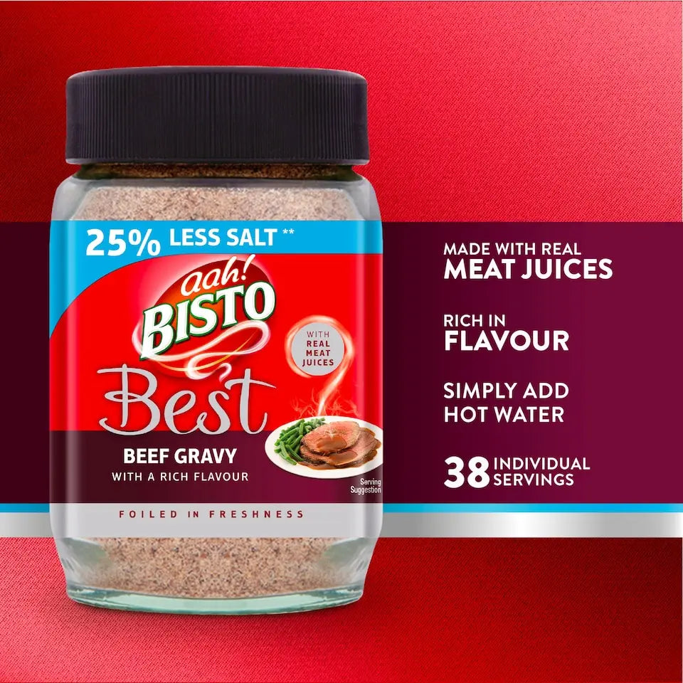 Bisto Best Beef Gravy Granules 25% Less Salt 230g with Red Background