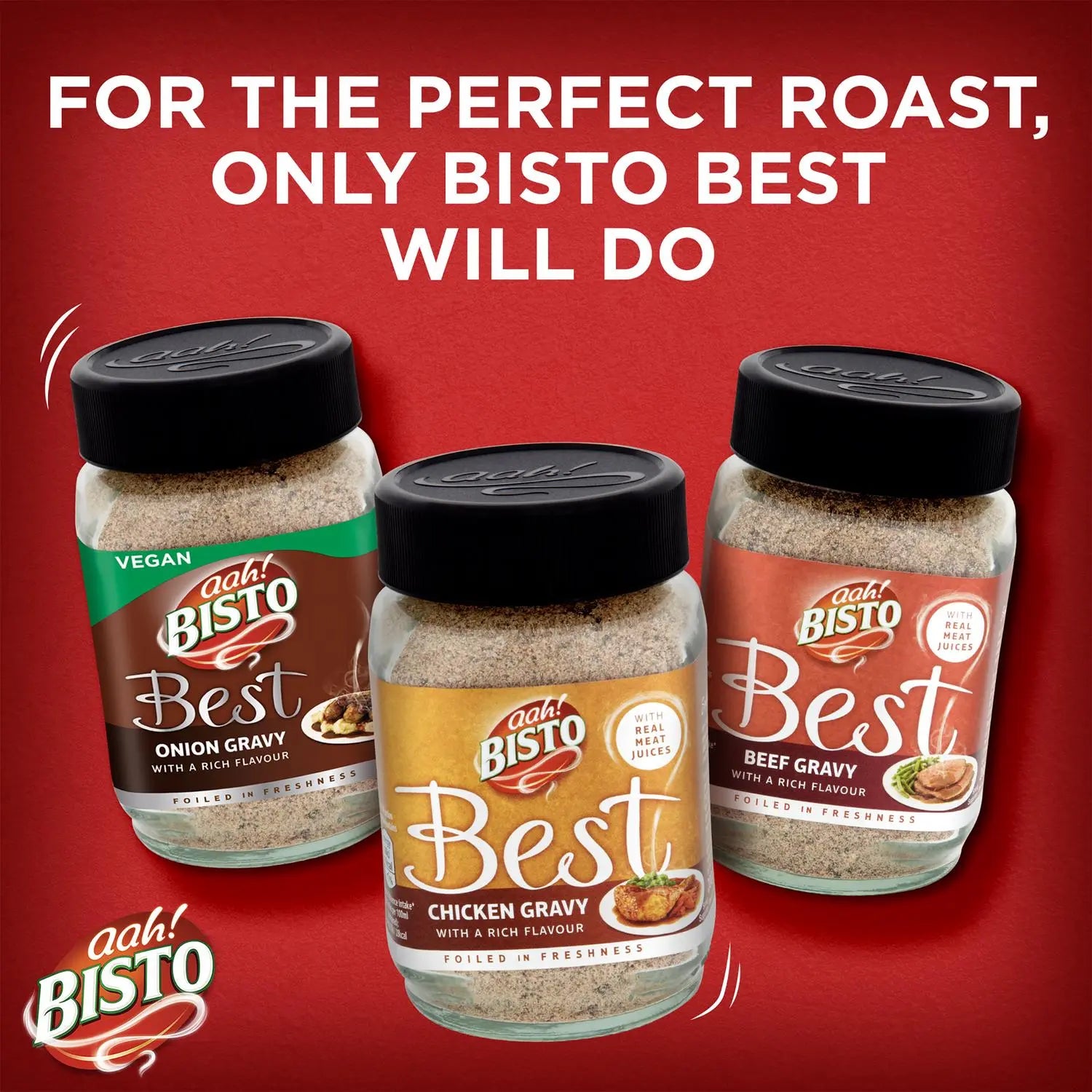 Three jars of Bisto Best gravy on a red background with promotional text.
