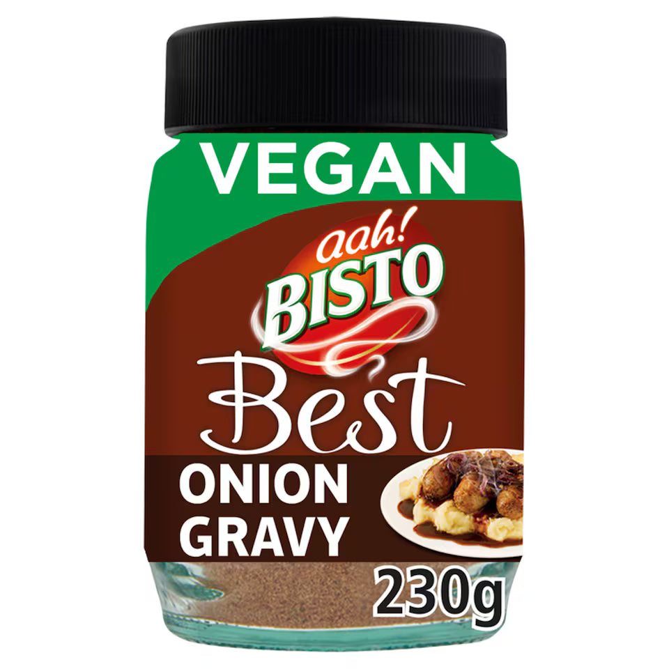 Jar of Bisto Best Onion Gravy with vegan label on a white background