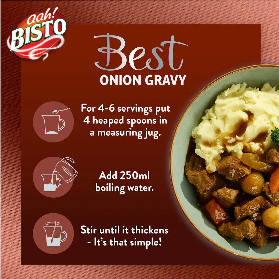 Bisto Best Onion Gravy recipe card with a bowl of gravy and mashed potatoes on a red background.