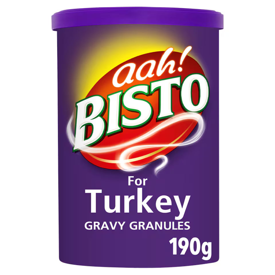 Bisto gravy granules container for turkey on a white background