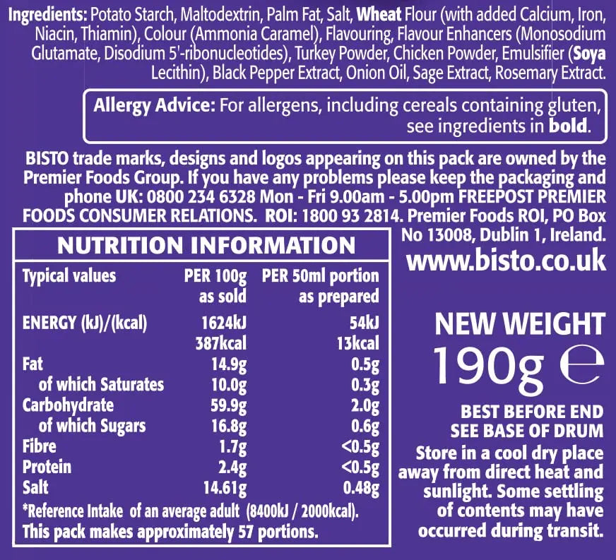 Bisto seasoning mix label with ingredients, allergy advice, nutrition information, and contact details.