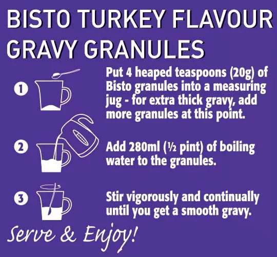 Instructions for making Bisto Turkey Flavour Gravy Granules on a purple background