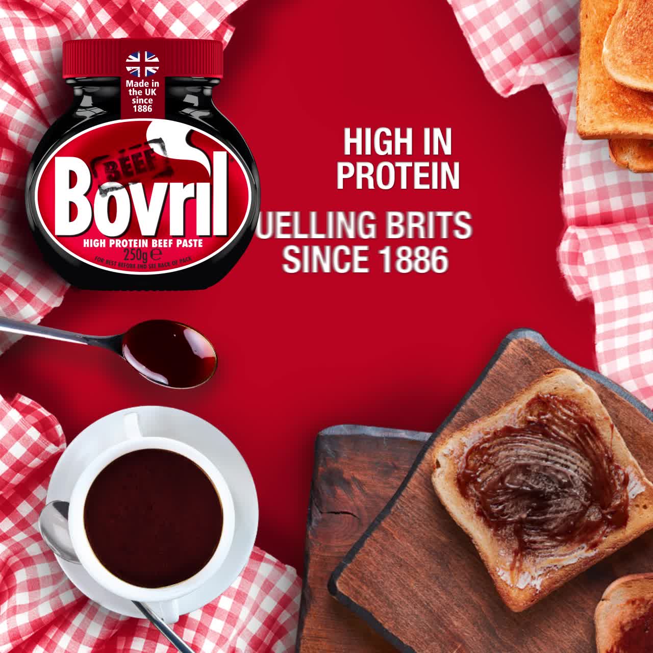 Bovril high protein beef paste jar with toast and coffee on a red background