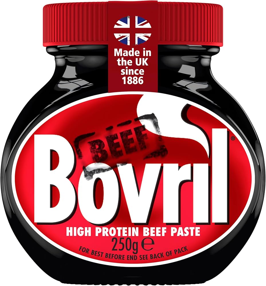 Bottle of Bovril high protein beef paste with red and black design