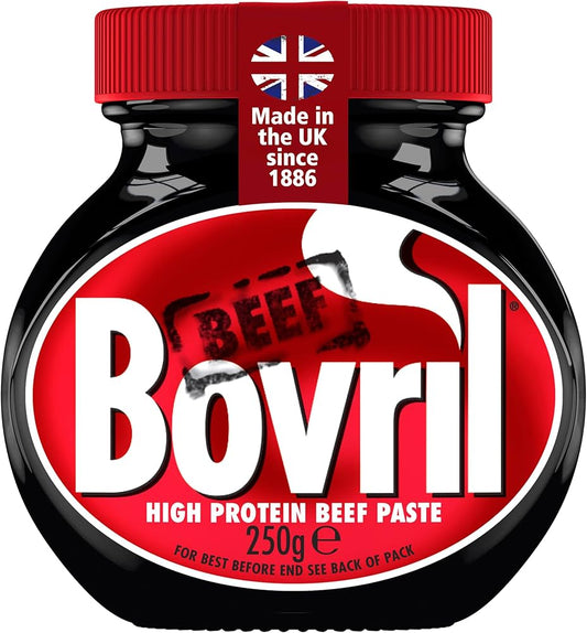 Bottle of Bovril high protein beef paste with red and black design